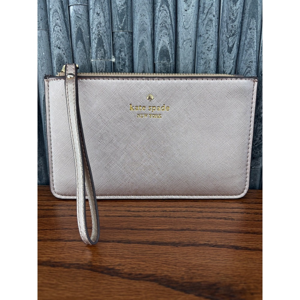 Kate Spade Rose Gold Saffiano Leather Wristlet Metallic Zip Pouch Bag